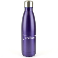 A purple stainless steel water bottle with the Archery GB logo on it.