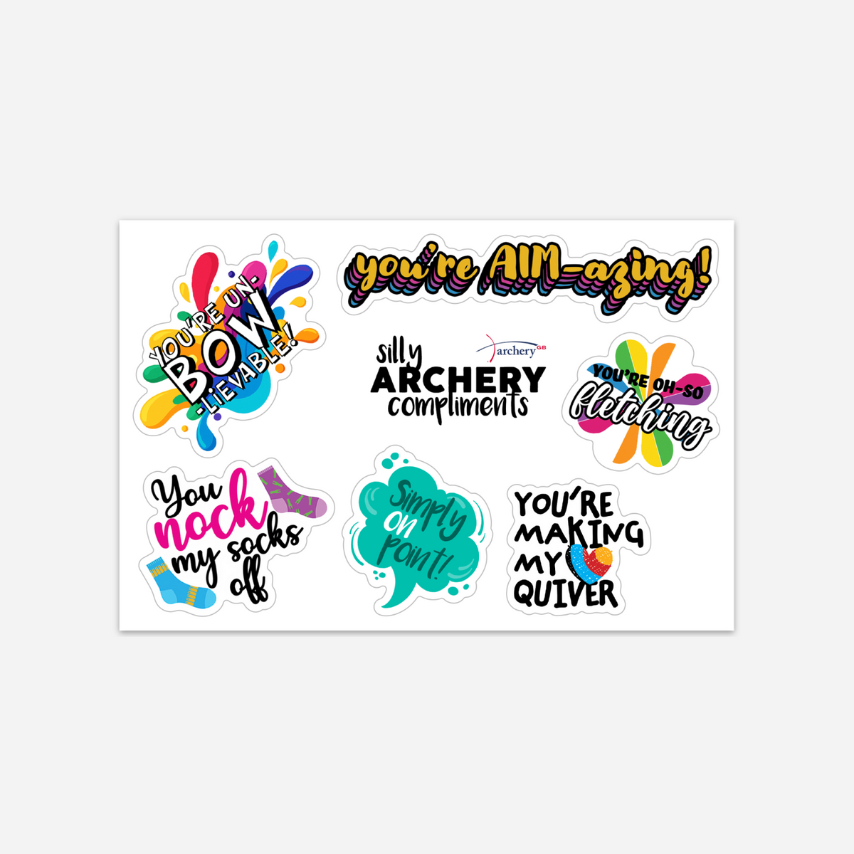 Silly Archery Compliments sticker sheet